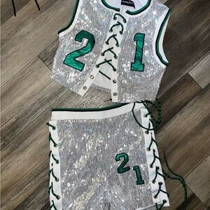 Shane Justin Sequin Lace-Up Two-Piece Set with Emerald Accents